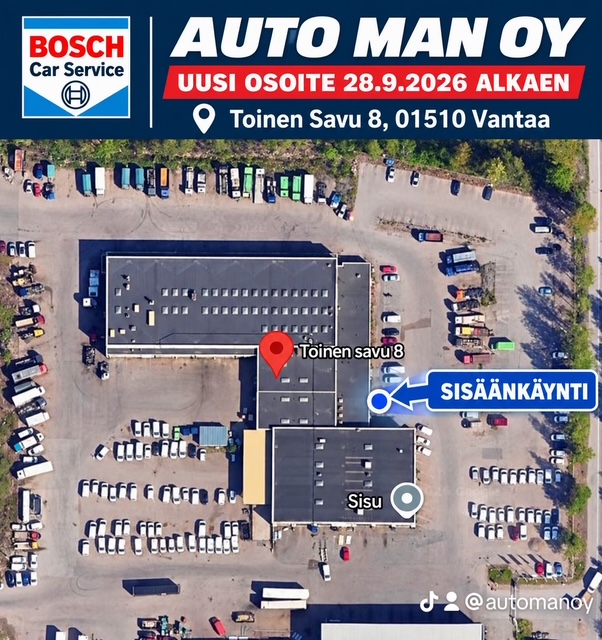 Ilmakuva osoitteesta Toinen savu 8. Auto MANin sisäänkäynti on merkitty sinisellä nuolella rakennuksen oikealle sivulle.